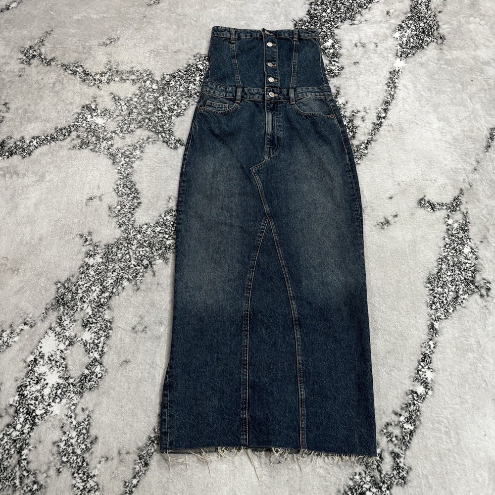 Zara Women's S High Waist Corset Denim Maxi Skirt Button Front Raw Hem Blue NWT